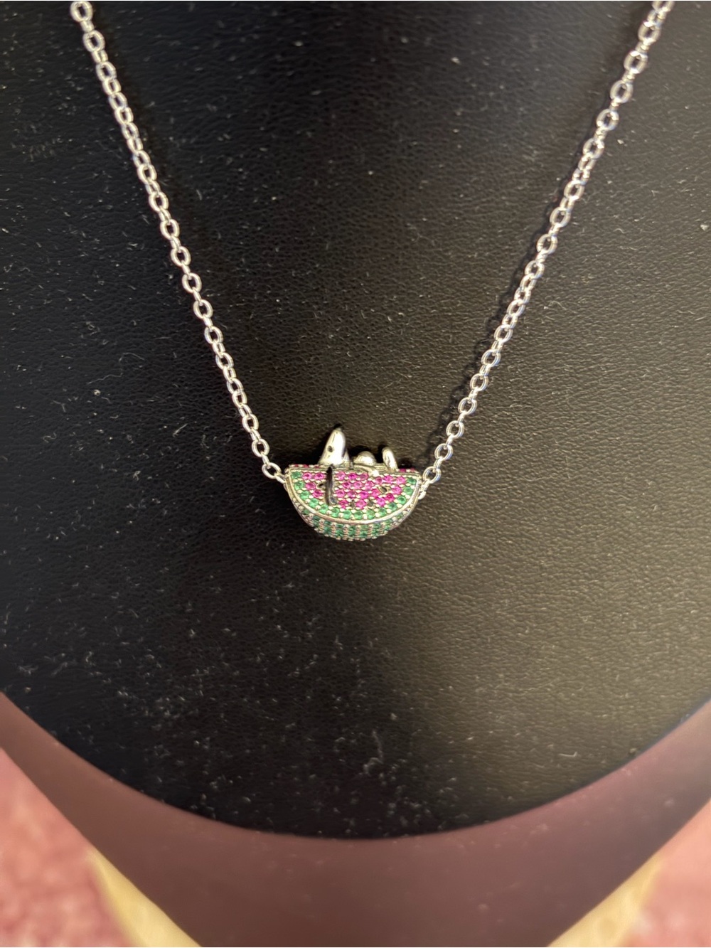 Sterling Silver Pink & Green Watermelon Slice Pendant Necklace